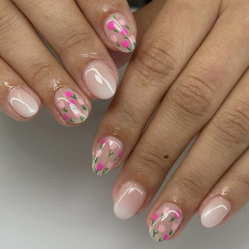 Image of Flower Press on Nails Pink Fake Nails Tulip with Design Nude Glossy Full Cover Reusable False Nail Press ons Short Oval Glue on Nail for Women Girls Manicure 24Pcs