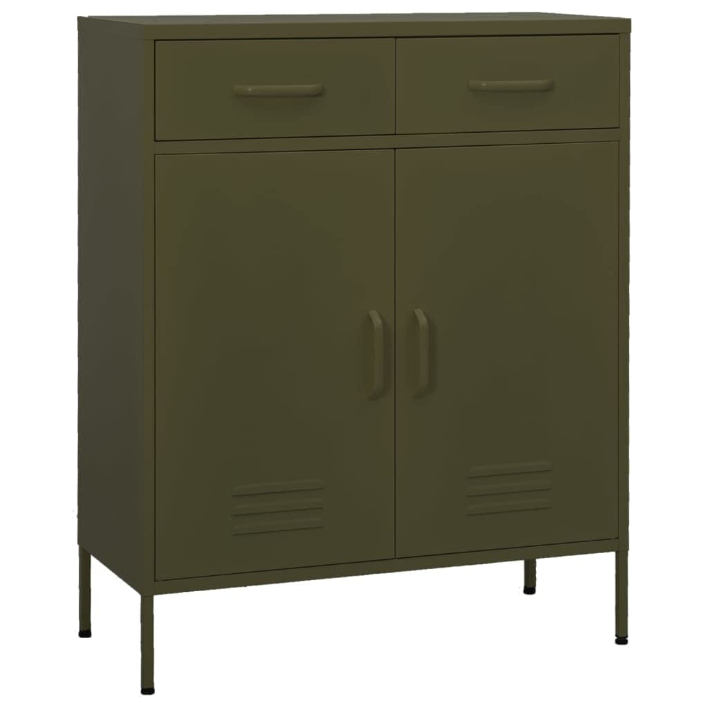 Oliwkowa metalowa szafka do przechowywania z 2 drzwiami, 2 wysuwanymi szufladami i regulowaną półką, 80 x 35 x 102 cm, szafka użytkowa do domowego biura i organizacji garażu