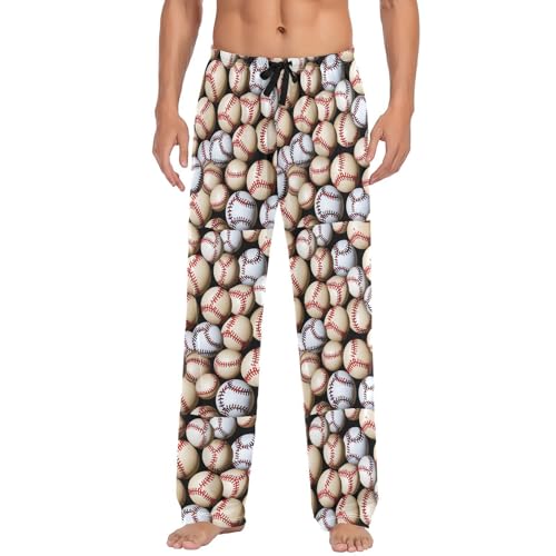 Men's Baseball Balls Pattern Pajama Pants with Pockets - Straight Fit Cotton Sleep Bottoms for Lounge & Nightwear#462