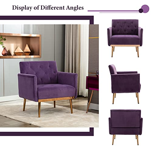 Kinffict Modern Velvet Accent Chair, Upholstered Single Sofa Arm Chair With Rose Gold Metal Trim, Comfy Living Room Lounge Armchair For Relaxing, Purple #TOP4