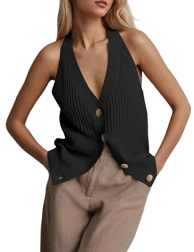 Image of Women Sweater Vest Tops Button Down V Neck Sleeveless Knit Tank Top Loose Fit Knit Cardigan Vest Solid Summer Shirts