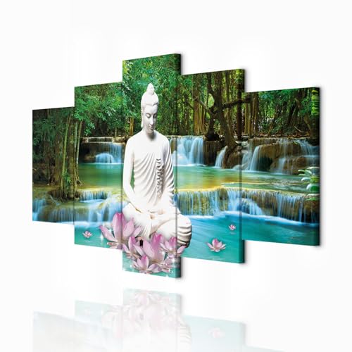 decomonkey - Impression sur Toile Bouddha Nature 200x100 5 Pièces - Tableau Décoration Appartement Déco Salon Peinture sur Toile Bouddha bouddhisme fleurs forêt...