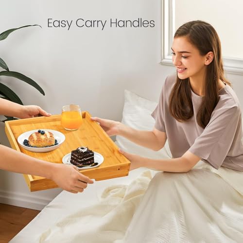 Image of Bamboo Bed Tray Table, Large Breakfast Tray with Folding Legs, Multipurpose Serving Tray Use As Portable Laptop Snack Table, for Working, Eating, Reading by Pipishell