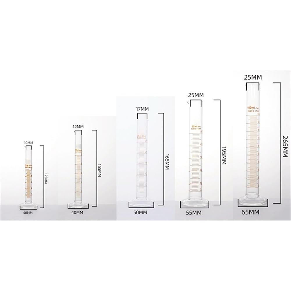 Set di 5 cilindri graduati in vetro da laboratorio da 5 ml, 10 ml, 25 ml, 50 ml e 100 ml con 1 asta di agitazione