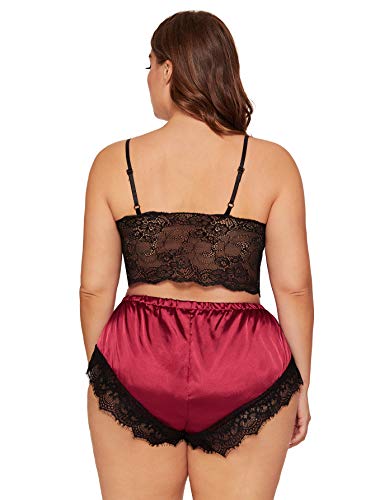 Soly Hux Women's Plus Size Lingerie Set Spaghetti Strap Lace Trim Bralette And Shorts Sleepwear Pajama Set Black & Red 1Xl Multicoloured #TOP2