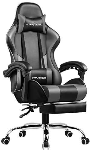 GTPLAYER ゲーミングチェア オットマン付き オフィスチェア フットレスト デスクチェア ゲーム用チェア リクライニング パソコンチェア ハイバック ヘッドレスト ランバーサポート ひじ掛け付き PUレザー グレー PL800-GRAY