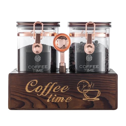 ARTIFORM Glass Coffee Canister Set with Torched Wood Shelf, 2 Pack 45oz Airtight Storage Jars with Lids & Spoons, Large Kitchen Canisters for Coffee Beans, Sugar, Tea & Nuts