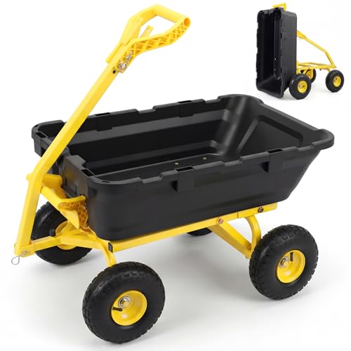 Sekey 1000lbs Garden Dump Cart for Seniors, Capacity Yard Wagon with Rubber Tires, Quick-Release Dumping & Easy-Maneuver Handle for Soil, Rocks, and Firewood, Black