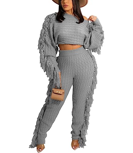 Angsuttc Fringe Set Women 2 Piece Outfit Knit Tassels Cropped