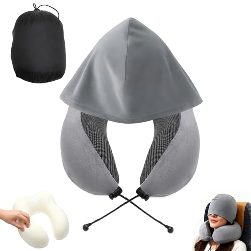 VOSSOT Coussin de Voyage avec 1 Sac de Rangement, Oreiller de Voyage Avion Ergonomique avec Capuche, Coussin Mémoire de Forme 360° pour Avion, Voiture, Maison et...