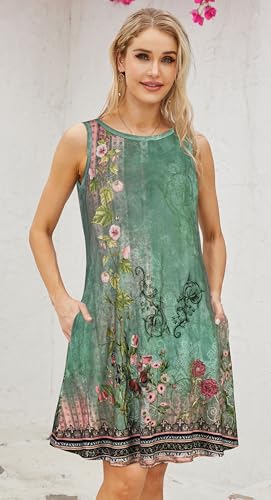 Image of elescat Women's Summer Dresses 2026 Beach Casual Sleeveless Floral Print Tank Loose Sundress with Pocket