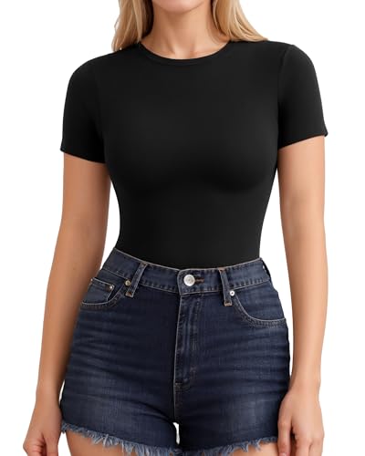 ALGALAROUND Damen T-Shirts Kurzarm mit Rundhalsausschnitt Basic Eng Dehnbar Tshirt Oberteile Slim Fit Top Short Sleeve Shirts for Ladies 2025 Sommer Outfit Schwarz M
