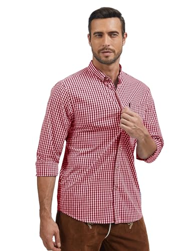 ANTLOOWW Trachtenhemd Herren Kariertes Hemd Baumwolle Trachtenhemden Langarm Oktoberfest Hemd Größe XS-3XL (DE/NL/SE/PL, Alphanumerisch, XL, Regular, Regular, Rot)