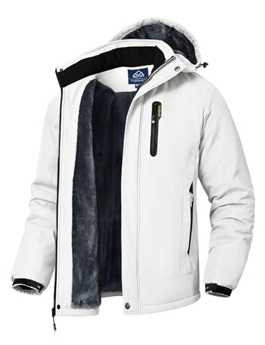 Rdruko Men's Ski Snow Jacket Waterproof Winter Insulated Fleece Hooded Outdoor Mountain Coat, White, L