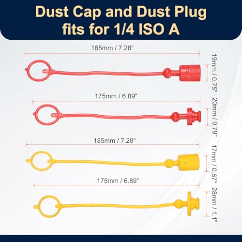 Image of HARFINGTON 2Sets 1 /4 Hydraulic Hose Dust Cap and Plug Kit, ISO-A Male Dust Cap & Female Plug Cover Quick Disconnects Air Coupler Cover Port Plug Fittings with Retention Ring, Red /Yellow