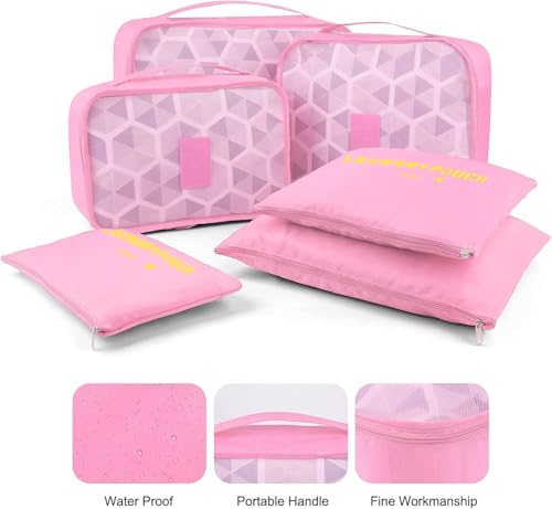 Image of Handcuffs Travel Organizer Packing Cubes for Travel | Set of 6 Laundry Bags with Zippers and Mesh Panels | Luggage Organizer for Women | Useful Travel Gift Idea| Pink
