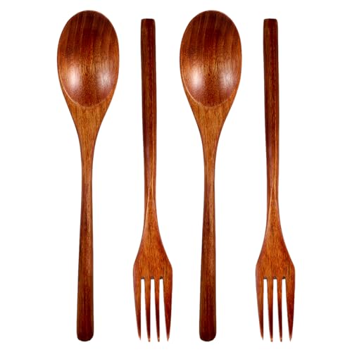 4Pcs Wooden Spoons and Forks for Eating Utensil Set Korean Wooden Spoon Fork Cutlery Set Reusable Kitchen Wood Dinner Flatware Tableware for Travel and Camping