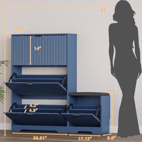 Image of BORNOON Slim Shoe Cabinet with Bench for Entryway, Hidden Storage and Adjustable Shelves, Free Standing Wooden Shoes Organizer for Hallway, Foyer