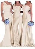 Kyeuan One Shoulder Champagne Bridesmaid Dresses Long Prom Dress Pleated Trumpet Formal Dress for Wedding Guest with Train US8