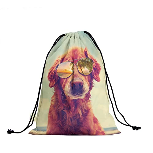 Image of Nerxy Summer Dog Gymnastics Grip Bag - Beach Golden Retriever Grips Bag with Glasses Drawstring Storage Pouch Adjustable Polyester Towel