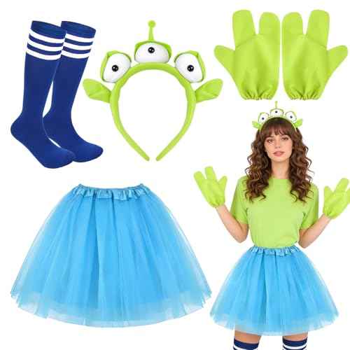 4Pcs Three-Eyed Alien Costume Set Alien Fancy Dress Kit with Three-Eyed Headband Matching Gloves Tutu Skirt Striped Socks Funny Aliens Accessories for Cosplay Party Dress Up Day Halloween