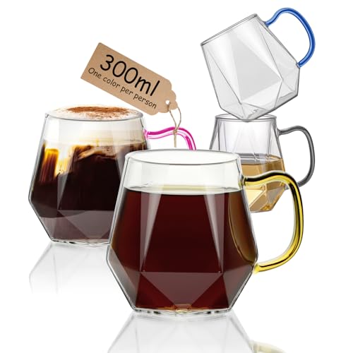 ANZHAN Kaffeegläser 300ml 4er Set aus Borosilikatglas-Hitzebeständig mit Henkel Diamant-Design, ideal für Latte Macchiato, Espresso, Cappuccino und Milch Saft Bier,teegläser-spülmaschinenfest
