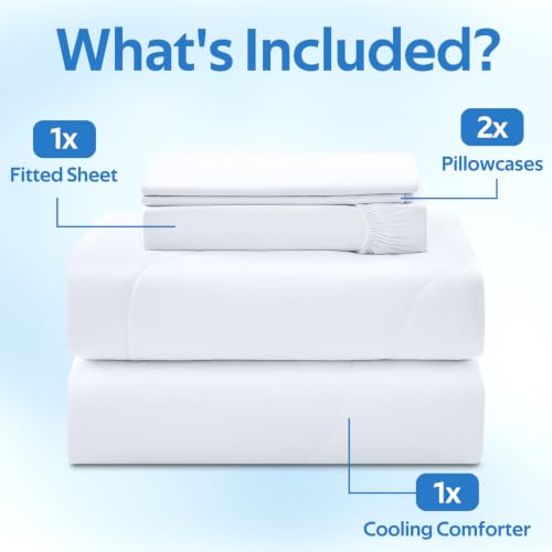 Image of Cooling Comforter Queen Size Set 4 Pieces, Summer Blanket with Dual-Sided Cool Tech, Deep Pocket Fitted Sheet Fits Up to 18 inch, Q-Max>0.55 Thin Comforter for Hot Sleepers, with 2 Pillowcases, White