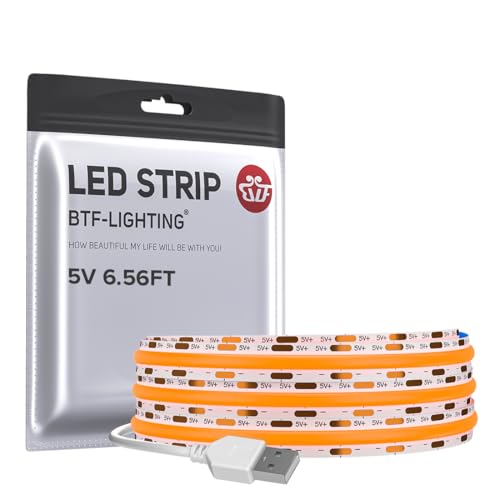 BTF-LIGHTING USB FCOB COB Orange Bande LED 2M 640LEDs Haute Densité 5V Flexible Ruban LED Ultra Bright CRI90+ pour Rétroéclairage TV Salon, Cuisine, Bureau...