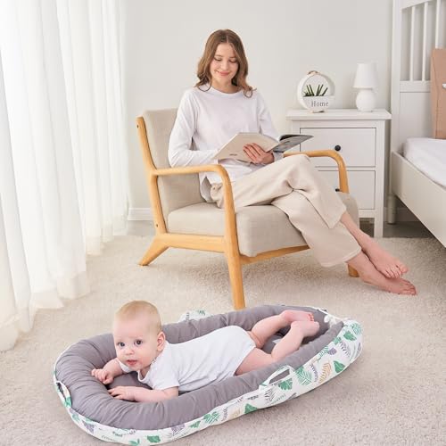 Image of Baby Lounger - Baby Lounger for Newborn 0-24 Months Infant Lounger for Home and Travel Soft Cotton Baby Nest Lounger Newborn Babies Essentials Gifts Green Feather (Lounger Cover Included)