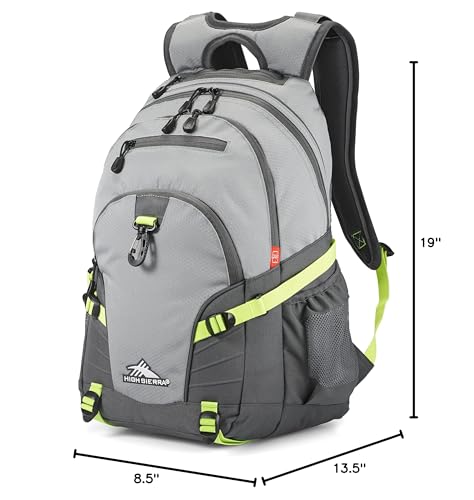 Image of High Sierra Loop Backpack, Travel, or Work Bookbag with tablet sleeve, One Size, Steel Grey /Mercury /Neon Green