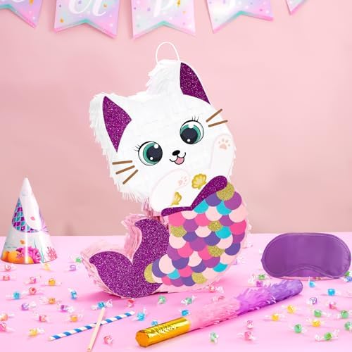 WERNNSAI Cat Pinata - Kitten Mermaid Pinata with Blindfold and Bat for Mermaid Birthday Party Decorations Under the Sea Party Supplies Baby Shower Summer Celebration