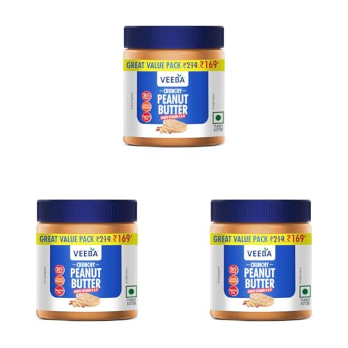 Image of Veeba Peanut Butter Crunchy | High Protein | Naturally Gluten Free | Vegan | No Added Preservatives | Added Calcium, Iron, Vitamin A & D | No Added Colour & Flavour | Non GMO | 320 g (Pack of 3)
