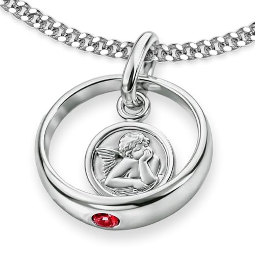 CLEVER SCHMUCK Taufring Kette Silber Ø 12 mm mit Schutzengel rund mit rotem Stein + Kette Panzer 34 cm Sterling 925 im Taufe Etui weiß für Mädchen