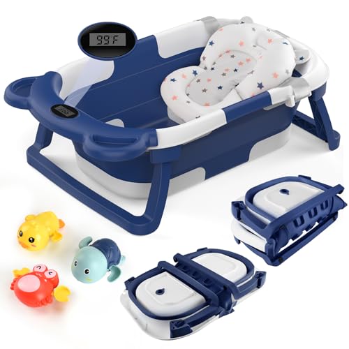 Image of Widitn Collapsible Baby Bath Tub, Baby Bathtub for Infants to Toddler, Portable Travel Foldable Baby Bathtub & Thermometer, Drain Hole, Baby Bath Essentials for Newborn 0-36 Month