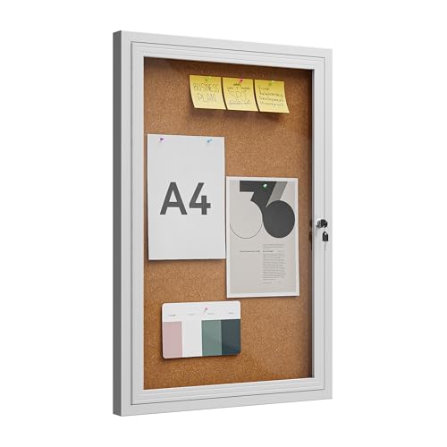Phelorata 36"x24" Lockable Enclosed Bulletin Board, Outdoor Cork Weather-Resistant Aluminum Frame Notice Board, Wall Mounted Display Case Acrylic Doors for School,Office,Silver Frame w/Cork