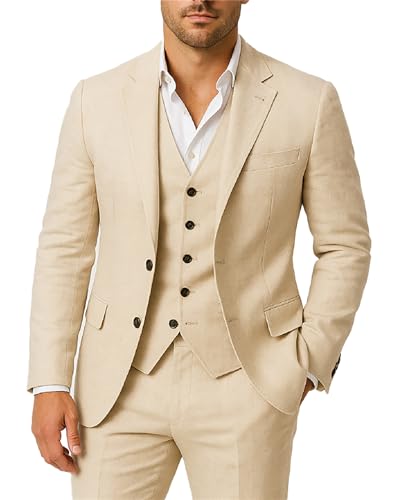 Mens Formal Wear Summer Beach Party Wedding Beige 3 Piece Suit Comfortable Fit