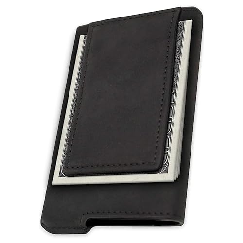 Fidelo Leather Case For Carbon Fiber/Aluminum Pop Up Wallet - Crazy Horse Leather Case With Magnetic Clip, Perfect Minimalist Wallet - Black