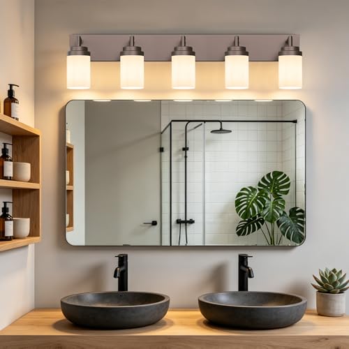 Image of Bathroom Light Fixtures, Oil Rubbed Bronze Bathroom Lighting Fixtures Over Mirror, Modern Vanity Light with White Glass Shade, Restroom Lighting Fixtures, 5-Light 36-inch
