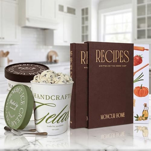 Moncur Home Recipe Journal Brown Linen Blank Recipe Book to Write in Your Own Recipes with Ice Cream Containers Set of 2 Freezer Storage for Homemade Ice Cream Gelato Sorbet Frozen Yogurt