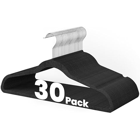 HealSmart 30 Pack Heavy Duty Velvet Hangers, Non-Slip Flocked Felt Hangers with Shoulder Notches, Hangers for Coats, Pants and Dress Clothes, Black Cover