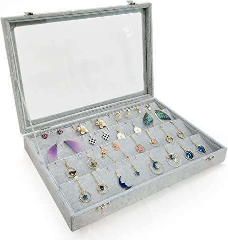 Image of Velvet Jewelry Drawer Organizer Tray Stackable Jewelry Tray for Drawer and Storage Display Rings and All Other Jewellery Needs (Earring Box Grey, Grey)