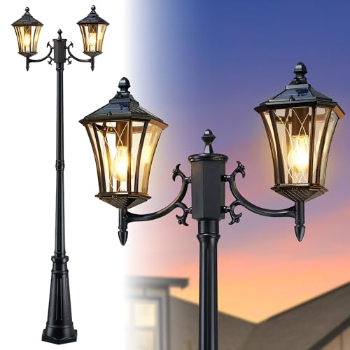 YSN 85' Solar Lamp Post Light, Dusk to Dawn Lamp Posts Outdoor Lighting, 2-Head Solar Pole Lights Outdoor Post Lights, Retro Black Exterior Pole Lantern, Waterproof Light Posts for Outside Garden Yard