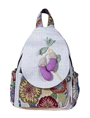 Image of Small Canvas Backpack, Retro Boho Washed Hippie for Women Daily Commute (Eggplant Decorations)