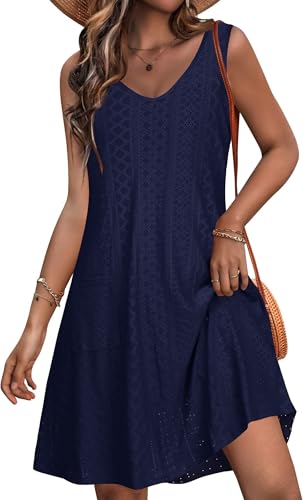 elescat Swimsuit Coverup Summer Dresses for Women Eyelet Casual Loose Sleeveless Sundress with Pockets (Navy Blue, XL)
