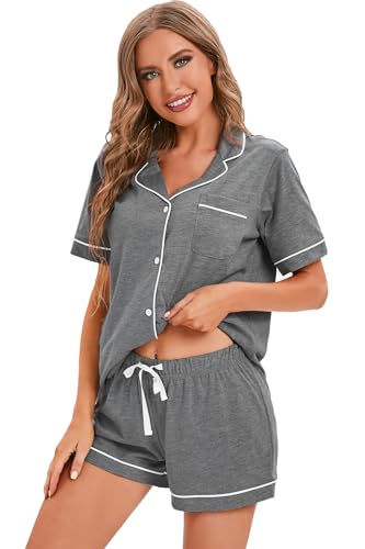 Image of LUBOT 100% Cotton Pajamas for Women 2 Piece PJ Set Button-Down Soft Knit Short Sleeve Summer Sleepwear Loungewear XS-XXL