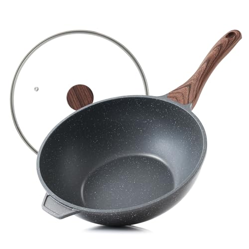 SENSARTE Poêle Wok 28 cm Antiadhésive avec Couvercle, Revêtement Granit Suisse ILAG Sans PFOA, Manche Ergonomique, Compatible Induction, Cuisson Saine