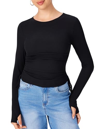 CIDER Womens Ruched Ribbed Top Y2k Fall Fashion Long Sleeve Basic Crop Tops Going Out Trendy Business Casual Outfit4