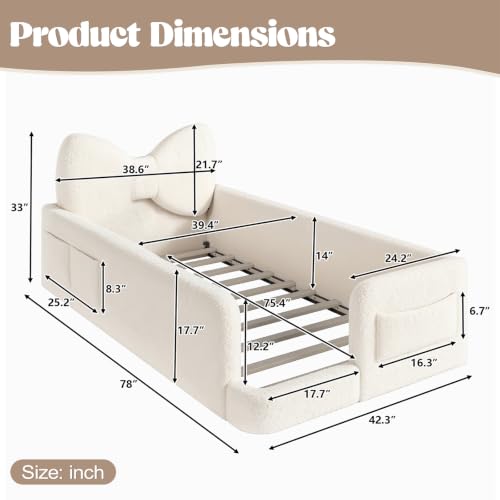 Image of Twin Size Kids Bed with Bow-Shaped Headboard, Upholstered Teddy Fabric Twin Daybed with Slats Support & Side Pockets, Space-Saving Wooden Corner Sofa Couch Bed Frame for Girls, Boys, Teenager(Beige)