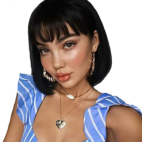 Human Hair Wigs with Bangs Brazilian Short Bob Wigs For Woman 8 Inch BOb Straight Hair Wigs Glueless Machine Made Wigs Natural Color