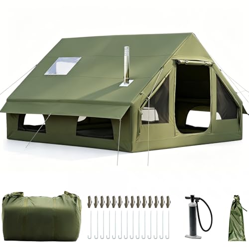 Aufblasbares Campingzelt mit Kaminöffnung & Dachfenster Aufblasbare Zelt für 2-10per mit Luftpumpe Zelt Aufblasbar aus Wasserdichtem Oxford-Stoff für Jahreszeiten Schneller Aufbau Luftzelte